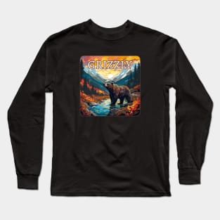 Grizzly Bear Mountain Scene Sunset Mountains Long Sleeve T-Shirt